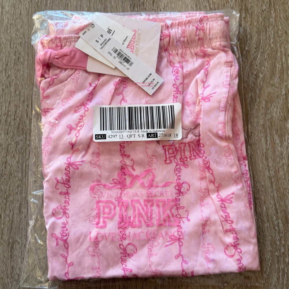 PINK x LoveShackFancy Silky Sleep Pants Pink Floral Logo Lounge Pajama Bottoms - Picture 5 of 12